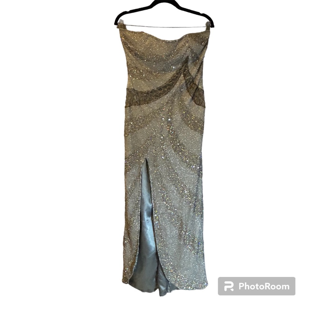 Precious Formals silver silk sequin gown, S
